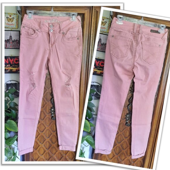 Wallflower Cuffed Ankle Distressed Crop Skinny Jeans - Pink, Size XS - Picture 16 of 16
